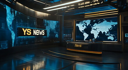 3D Studio Interior with World Map for Global News and Media Concepts