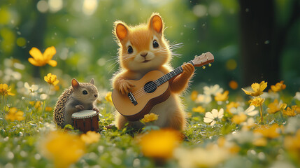 Squirrel and Hedgehog Playing Music in Flower Meadow