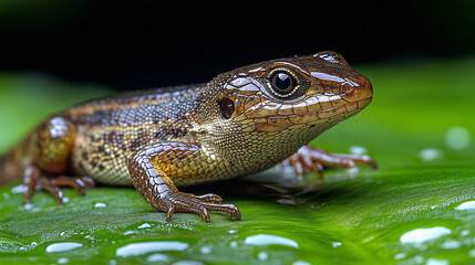 Fototapeta premium Small Lizard on Leaf with Dew Drops - Macro