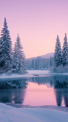 Fototapeta premium Winter river landscape with snow-covered trees and a pink sunset
