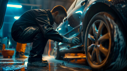 A mechanic is busy in the garage, using a grinding tool to sand car parts and prepare them for a paint job following an accident.
