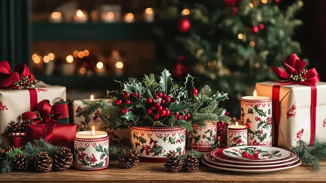 A festive table setting with candles, holly, and wrapped gifts for Christmas celebration.