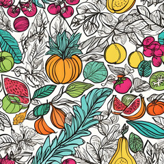 Doodle pattern of crayons, vegetables, fruits and leaves, natural and bright.