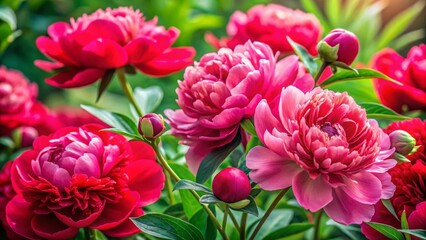Vibrant Macro Photography of Red and Pink Peonies with Lush Green Leaves for Stunning Floral Backgrounds