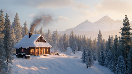 Car parked by cozy winter cabin in snowy mountains