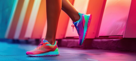 Bright, modern sneakers on athletic legs stand against a colorful, bold monotone backdrop. the vibrant shoes and confident posture emphasize energy, performance, and contemporary athletic fashion.