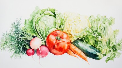 Watercolor painted collection of vegetables,Hand drawn fresh food design elements isolated on white background,Fresh colorful veggies background,diet,healthy food,Various Vegetables.