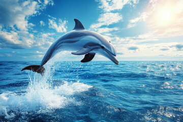 Beautiful dolphin jumping out of the ocean at sunset