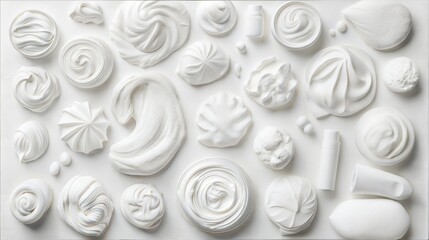 Assorted White Creams and Foams in Creative Swirls and Patterns on White Background