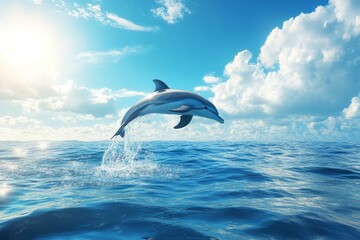 Obraz premium Beautiful dolphin jumping out of the ocean at sunset