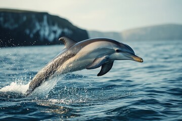 Fototapeta premium Dolphin jumping out of the water near cliffs: