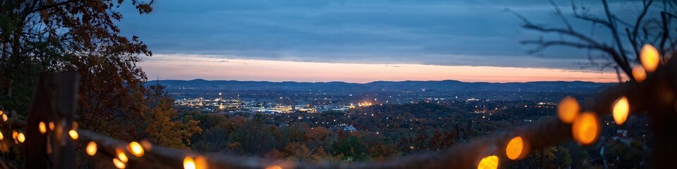 Fototapeta premium Blurred bokeh lights create a magical ambiance at autumn dusk.
