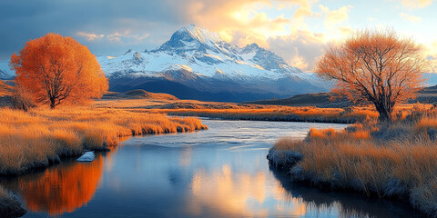 Landscape with lake and snow mountain. Landscape view.