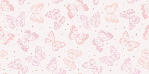Pastel pink butterfly background, cute seamless vector repeat pattern with stars, spring wallpaper