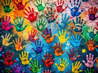 Naklejka premium Vibrant Set of Colorful Hand Prints - Artistic Expression, Community Creativity, Cultural Diversity, and Unique Patterns in a Documented Photography Style