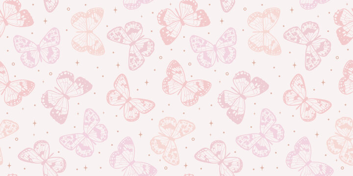 Pastel pink butterfly background, cute seamless vector repeat pattern with stars, spring wallpaper