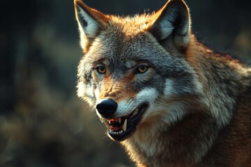 Fototapeta premium Eurasian wolf showing teeth and snarling in the forest