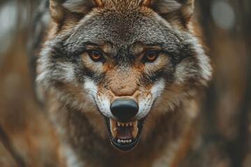 Aggressive grey wolf showing teeth and growling covered in blood