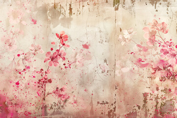 Grungy soft pastel abstract vintage shabby chic distressed wallpaper background in pink and beige with flowers


