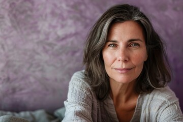 Middle-aged woman with a calm, thoughtful expression against a muted purple monochrome background. her relaxed posture and serene gaze convey a sense of inner peace