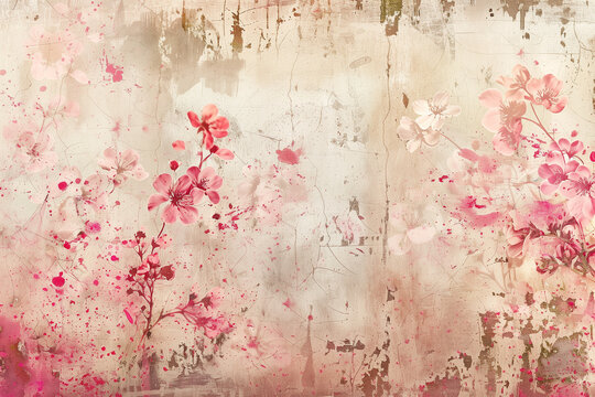 Fototapeta Grungy soft pastel abstract vintage shabby chic distressed wallpaper background in pink and beige with flowers   