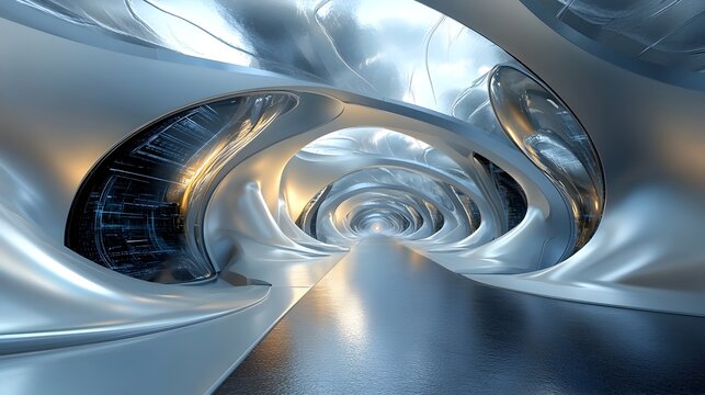 Sleek and Futuristic Architectural Design with Gleaming Metallic Structures and Vibrant Holographic Displays in a Serene Industrial Complex