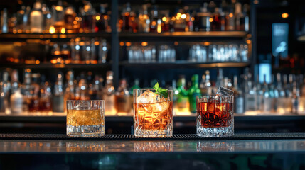 Exquisite whiskey cocktails served on a stylish bar counter surrounded by an array of glass bottles at a trendy nightlife venue