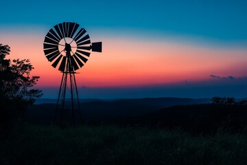 Windmill standing in a field at sunset with colorful sky. Copy space for text