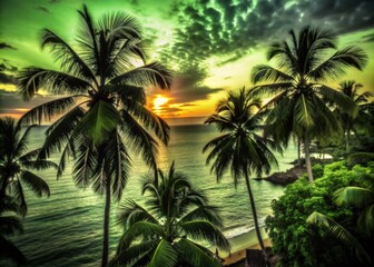 Fototapeta premium Vibrant Watercolor Seascape Sunset Over Tropical Beach with Silhouette of Coconut Trees and Family Painting Joyful Memories in Colorful Hues