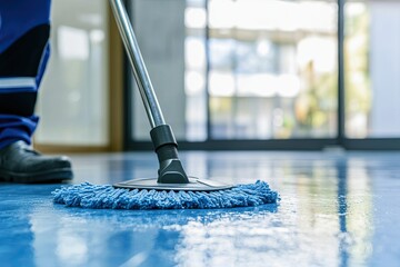 Low section of male cleaner mopping floor with care, wet floor, office entrance. 
