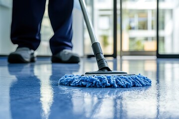 Low section of male cleaner mopping floor with care, wet floor, office entrance. 