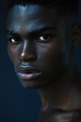 A striking portrait of a young man with sharp, chiseled features set against a dark navy blue background. the intense lighting emphasizes his strong expression, showcasing a dramatic