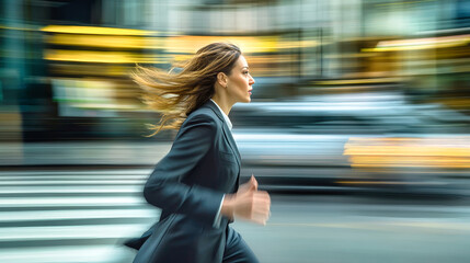 Businesswoman sprinting towards her goals in a dynamic cityscape with motion blur, showcasing determination and ambition in a formal suit