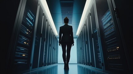 A woman stands in a data center, inspecting server equipment