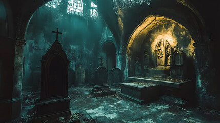 A shadowy graveyard with an ominous crypt and strange carvings on the walls.