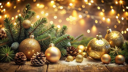 Vintage Golden Christmas Background with Warm Hues, Festive Ornaments, and Soft Glow for Holiday Cheer in Nostalgic Style