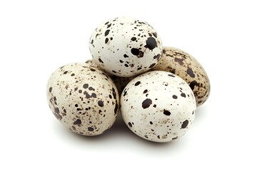Obraz premium Quail eggs with speckled shells creating a small pyramid on a white background