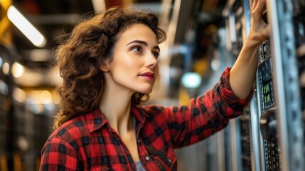 A woman in a data center inspects equipment with focus and determination. 