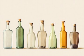 Corked empty glass bottles of various shapes and colors are lined up on a beige background, creating a collection for reuse or display