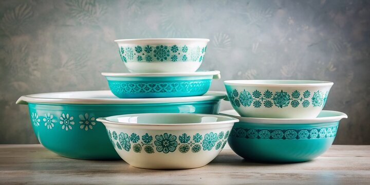 Vintage Pyrex Collection with Teal Butterprint Pattern on White Table and Grey Backdrop &ndash; Candid Photography Inspiration for Home Decor and Kitchen Aesthetics
