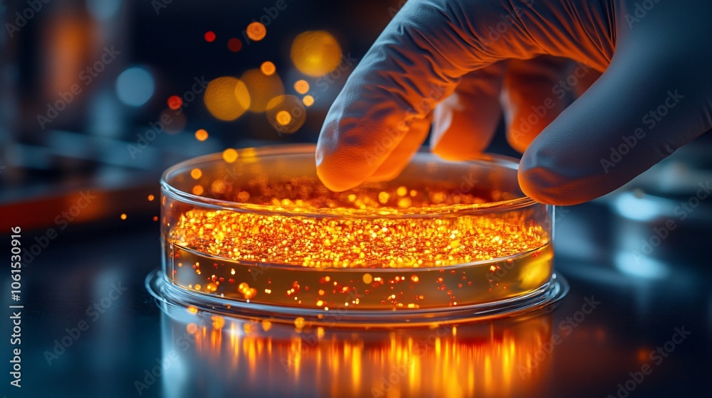 Poster Scientist examining a petri dish with glowing microorganisms, set against a futuristic laboratory background with empty space for text