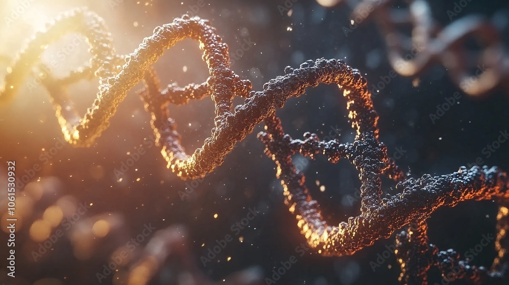 Poster 3D-rendered DNA strand surrounded by chemical formulas and molecular structures, symbolizing innovation in biotech with empty space for text