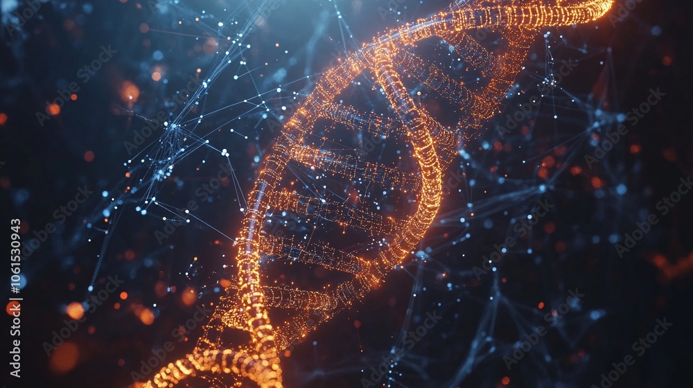 Poster 3D-rendered DNA strand surrounded by chemical formulas and molecular structures, symbolizing innovation in biotech with empty space for text