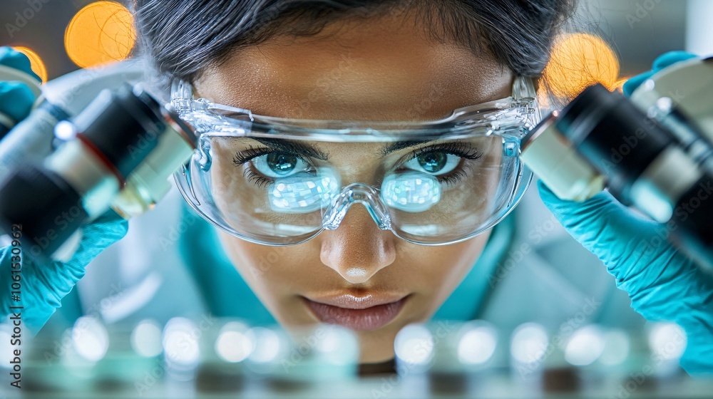 Poster medical researcher studying the impact of biotechnology on human health using a tablet, with data vi