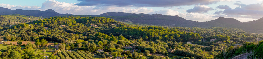 Panoramic aerial view of the natural park of the Sierra de Arta at sunrise on an autumn day. Island of Mallorca