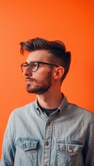 Fototapeta premium Confident young graphic designer with a stylish haircut stands against a bold orange background, embodying creativity and modernity