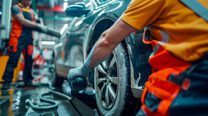 Obraz premium A mechanic is seen using a grinding tool in a garage, sanding car parts to prepare a section for painting after an accident.