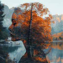 Autumn Fantasy Double Exposure Portrait with Forest and Leaves