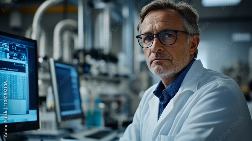 Poster Artificial intelligence interface analyzing genetic data in a laboratory, showcasing how AI contributes to biotechnology with empty space for text