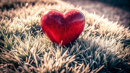 Vintage Style Closeup of a Red Heart on Lush Green Grass, Perfect for Romantic and Nature-Themed Projects, Evoking Feelings of Love and Serenity in a Soft, Nostalgic Atmosphere